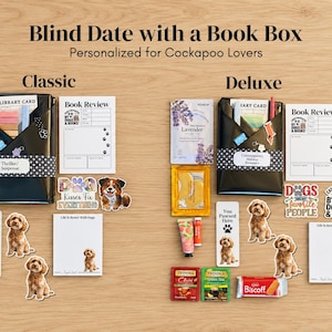 May include: Blind Date with a Book Box sets for Cockapoo lovers. The Classic set includes a wrapped book, library card, book review sheet, stickers, and a bookmark. The Deluxe set adds tea, a face mask, hand cream, and a Biscoff cookie.