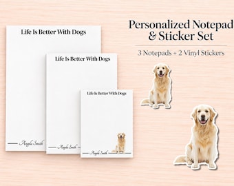 Golden Retriever Stationery Gift Box | Personalized Notepads and Vinyl Dog Stickers
