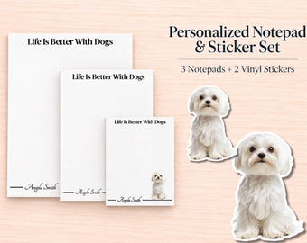 Maltese Stationery Gift Box | Personalized Notepads and Vinyl Dog Stickers
