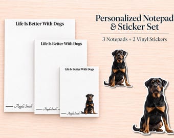 Rottweiler Stationery Gift Box | Personalized Notepads and Vinyl Dog Stickers