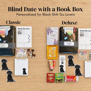 Black Shih Tzu Blind Date With a Book Box, Personalized Notepad, Bookmark, Sticker & Magnet, Gift for Readers