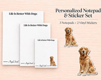Golden Retriever Stationery Gift Box | Personalized Notepads and Vinyl Dog Stickers