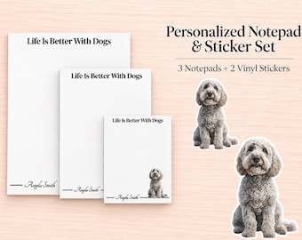 Gray Labradoodle / Goldendoodle Stationery Gift Box | Personalized Notepads and Vinyl Dog Stickers