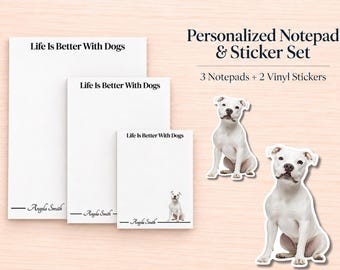 White Pitbull Stationery Gift Box | Personalized Notepads and Vinyl Dog Stickers