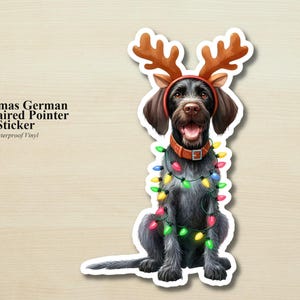 May include: A waterproof vinyl sticker featuring a German Wirehaired Pointer wearing brown reindeer antlers and a string of colorful Christmas lights around its neck. The text reads: Christmas German Wirehaired Pointer Sticker Waterproof Vinyl.
