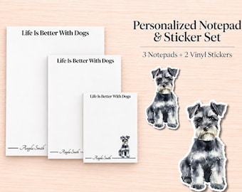 Miniature Schnauzer Stationery Gift Box | Personalized Notepads and Vinyl Dog Stickers