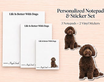 Brown Labradoodle / Goldendoodle Stationery Gift Box | Personalized Notepads and Vinyl Dog Stickers