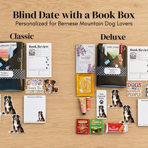 Bernese Mountain Dog Blind Date With a Book Box, Personalized Notepad, Bookmark, Sticker & Magnet, Gift for Readers