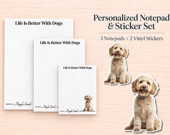 Yellow Labradoodle / Goldendoodle Stationery Gift Box | Personalized Notepads and Vinyl Dog Stickers