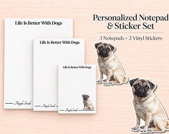 Pug Stationery Gift Box | Personalized Notepads and Vinyl Dog Stickers