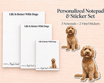Tan Labradoodle / Goldendoodle Stationery Gift Box | Personalized Notepads and Vinyl Dog Stickers