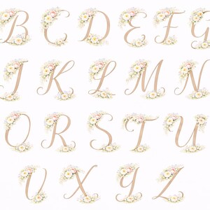 Op de afbeelding: Een verzameling bloemrijke alfabetletters, elk in een sierlijke, sierlijke lettertype. De letters zijn zachtbruin van kleur en versierd met trossen witte en roze bloemen, wat een elegant en romantisch ontwerp creëert.
