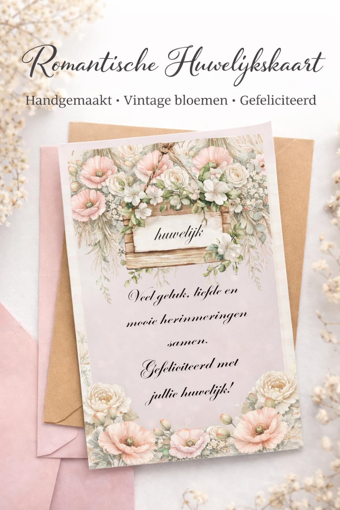 Romantic Wedding Card With Flowers – Handmade Style – Congratulations ...