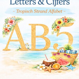Op de afbeelding: Waterverfillustratie met de letters A, B en het cijfer 5, versierd met tropische bloemen en bladeren. De afbeelding bevat een strandscène met een mand, watermeloen en kokosnoot. De tekst luidt "Zomerse Watercolor Letters & Cijfers".