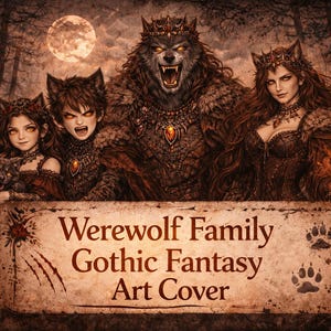 Op de afbeelding: Digitale kunstcover met een weerwolf familie in een gotische fantasie setting. De afbeelding toont een volle maan, een donker bos en een banner met de tekst "Werewolf Family Gothic Fantasy Art Cover". De familie bestaat uit een grote weerwolf, twee jongere weerwolven en een vrouw die een gloeiende bol vasthoudt.