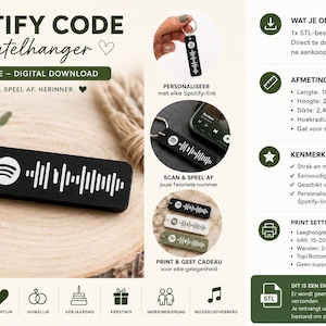 Op de afbeelding: Een zwarte rechthoekige sleutelhanger met een witte Spotify-code en een metalen ring. Het digitale bestand bevat afmetingen van 100 mm lengte, 22,5 mm hoogte, 2,4 mm dikte en 2,7 mm hoekradius. Tekst bevat SPOTIFY CODE, STL FILE en SCAN. SPEEL AF. HERINNER.