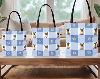 Pug tote bag, blue and white gingham, Spring Pug tote, Preppy floral plaid Pug bag,  Market tote with pug,  Beach tote Gift for Pug lover