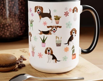 Cute Beagle Mug, Beagle and Plant Lover Coffee  Mug, Adorable Beagle and Plant Coffee Mug, Gift for Beagle Mom, Dog Walker Gift