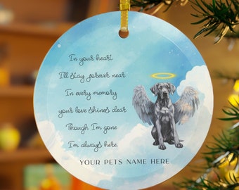 May include: A round, blue and white Christmas ornament with a gray dog with angel wings. The ornament has a poem that reads "In your heart I'll stay forever near. In every memory your love shines dear. Though I'm gone I'm always here." The ornament also has the text "YOUR PETS NAME HERE".