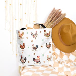 Floral Chicken Tote Bag, Gift for Chicken Lover, Farm Mom Gift, Cute Farmer&#39;s Market Bag, Friend Gift, Chickens With  Flowers Bag