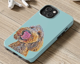 May include: A light blue phone case with a brown and white dog illustration. The dog is sticking its tongue out and has a playful expression.