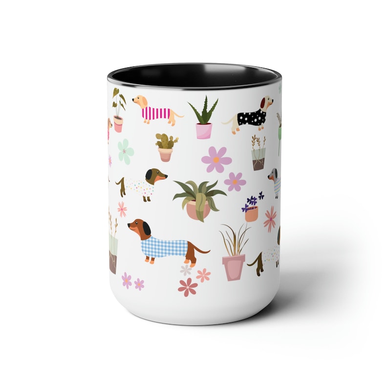15 oz ceramic mug with colorful dachshunds and plants black interior and matching handle