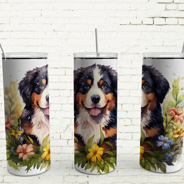 Bernese Mountain Dog Tumbler, Berner Floral 20 oz Stainless Steel Travel Coffee Cup,  Berner Mom Skinny Tumbler Gift for Bernese Lover,