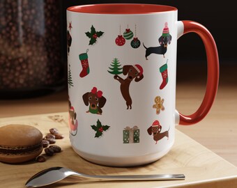 Taza de cerámica navideña con diseño de perro salchicha, 443 ml. Taza de café festiva con diseño de perro salchicha para amantes de los perros y dueñas de mascotas.