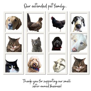May include: A collage of photos featuring a variety of pets, including dogs, cats, chickens, and a rabbit. The text "Our extended pet family..." appears at the top of the image, and the text "Thank you for supporting our small sister-owned business!" appears at the bottom.