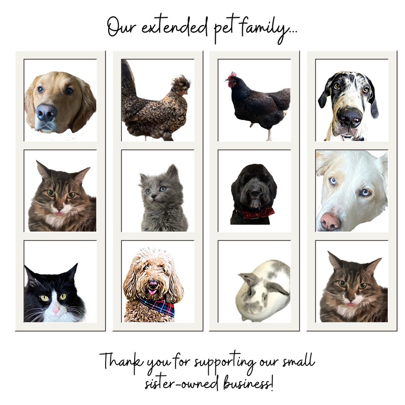 May include: A collage of photos featuring a variety of pets, including dogs, cats, chickens, and a rabbit. The text "Our extended pet family..." appears at the top of the image, and the text "Thank you for supporting our small sister-owned business!" appears at the bottom.