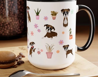 Taza de bóxer atigrado, adorable taza de café con bóxer, plantas y flores, regalo único para mamá de bóxer, regalo para amiga, regalos por menos de 30, regalo atigrado