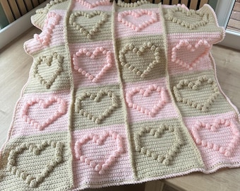Crochet Heart Blanket Pattern, Bobble Stitch Granny Square (Digital Pattern)