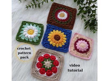 Floral Granny Square Crochet Pattern Bundle: Daisy, Sunflower (Digital Pattern)