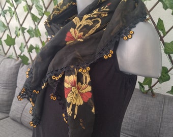 Vintage Floral Embroidered Scarf: Beaded Turkish Headscarf (35 inch)