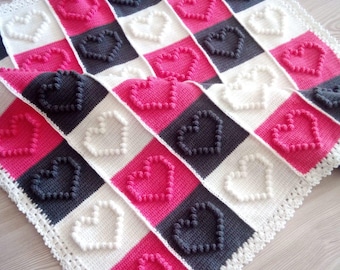 Crochet Bobble Heart Blanket Pattern: Granny Square Afghan (PDF)