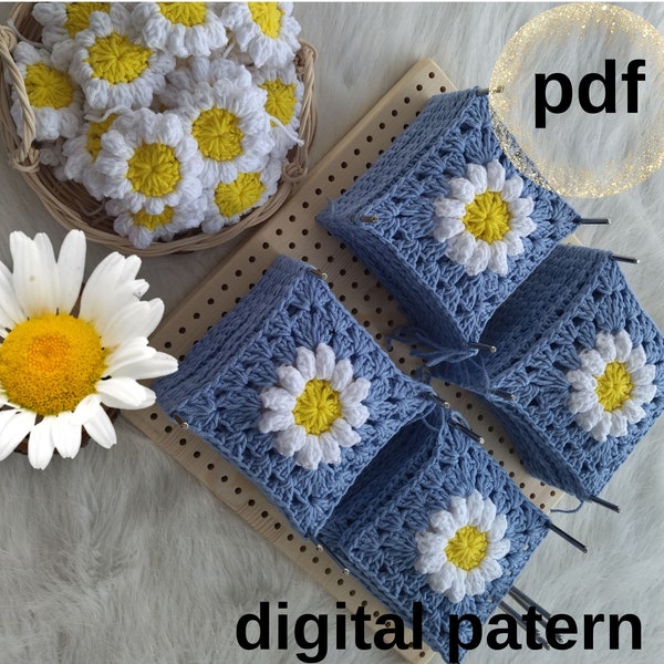 Granny Square 3D Daisy PATTERN,Crochet Daisy Granny Square,Afghan Blanket Granny Square,Easy Crochet Flowers Motif Pattern,DIY Project Video