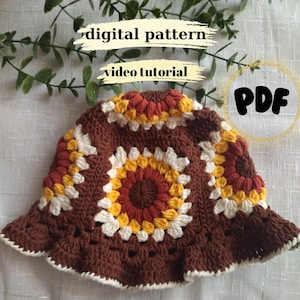 Modello per cappello a secchiello con motivo a quadri di girasoli della nonna, modello facile per cappello a secchiello con margherita all'uncinetto, cappello floreale autunnale amichevole in PDF, cappello con motivo unisex all'uncinetto