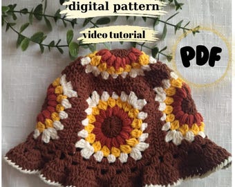 Sunflowers Granny Square Bucket Hat Crochet Pattern: Easy Daisy Motif (PDF)