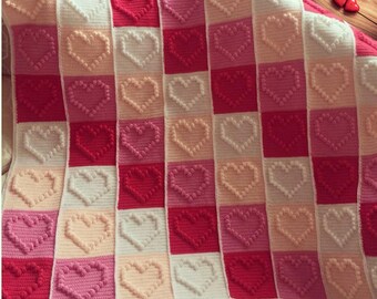Crochet Heart Bobble Stitch Blanket Pattern: Easy Hearts Afghan (PDF)