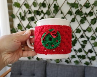 Christmas Wreath Granny Square Crochet Cup Cozy Pattern (Digital Download)