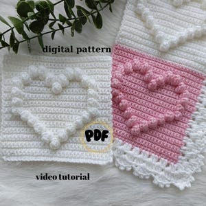 Häkelmuster Herz Popcorn Motiv, Vintage Häkelanleitung Sweetheart Quadrat Motiv, afghanischer Decke Überwurf Oma Quadrat Motiv Popcorn Stich