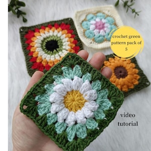 Crochet Green Granny Square Bundle Pattern, Square Daisy Afghan, Crochet Flowers, Sunflower Afghan, Floral Crochet, Granny Square Blanket