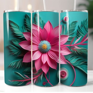 3D 20oz Skinny Tumbler Wrap, Pink Flower, 20oz Tapered and Straight, Tumbler Sublimation, Instant Download PNG