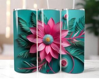 Pink Flower 20oz Tumbler Wrap: 3D Sublimation Design (PNG Digital Download)