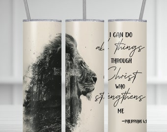 Lion Philippians 4:13 Tumbler Wrap Sublimation Design (PNG Digital Download)