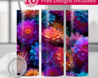 Emballage de gobelet floral néon : gobelet fin 20 oz PNG (téléchargement numérique