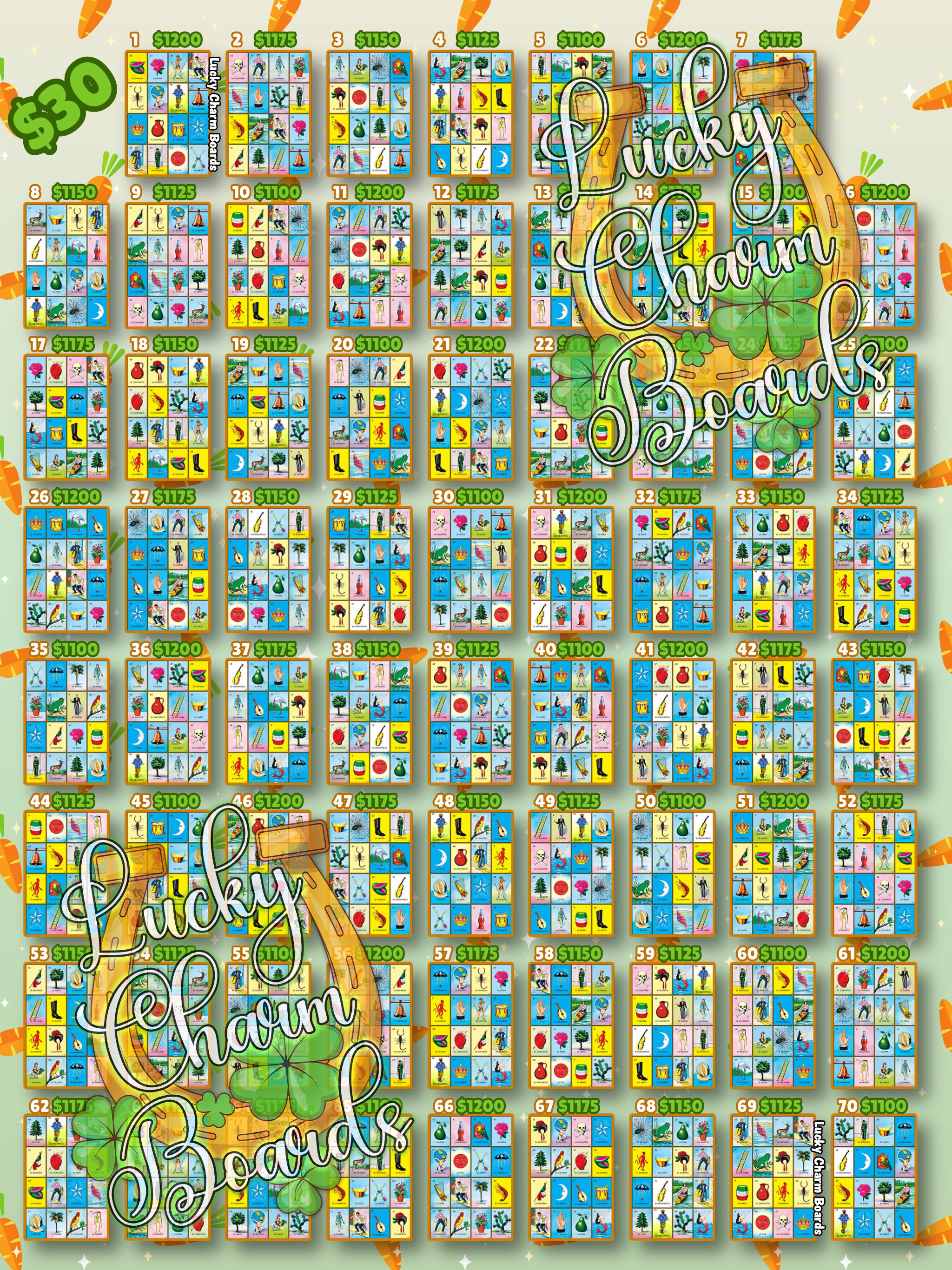 Loteria Board, First to Fill, FTF, Full Card, Amounts, 70 Numbers, Easter, Easter Bunny, Happy Easter