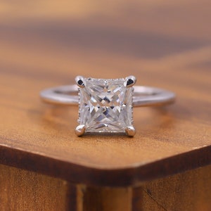 Bridesmaid Jewellery, Princess Cut Moissanite Engagement Ring, Four Prong Set Wedding Ring, Hidden Halo Fancy Ring, Simple Gift for Women