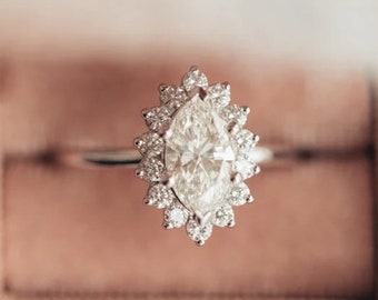Cudowny pierścionek ślubny z aureolą kwiatową, pierścionek zaręczynowy z moissanitem markiza 1,5 CT, obrączka ślubna z białego złota 10K, prezent rocznicowy, pierścionek dla kobiet