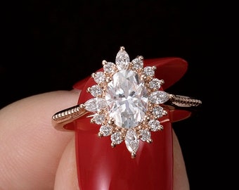 Delikatny pierścionek z oprawą Milgrain, pierścionek zaręczynowy z owalnym szlifem Moissanite o masie 2,0 CT, fantazyjny pierścionek z diamentami Halo, obrączka ślubna z 18-karatowego różowego złota, prezent dla kobiety